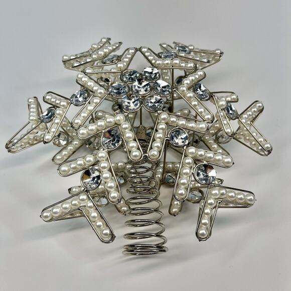 Jeweled Snowflake Christmas Tree Topper Beaded Faux Pearls & Crystal Rhinestones - Picture 2 of 6
